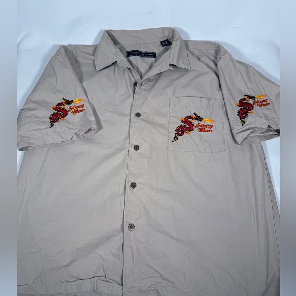 Vintage Johnny Blaze Mens XL Embroidery Dragon Shirt Short Sleeve Button Up tan